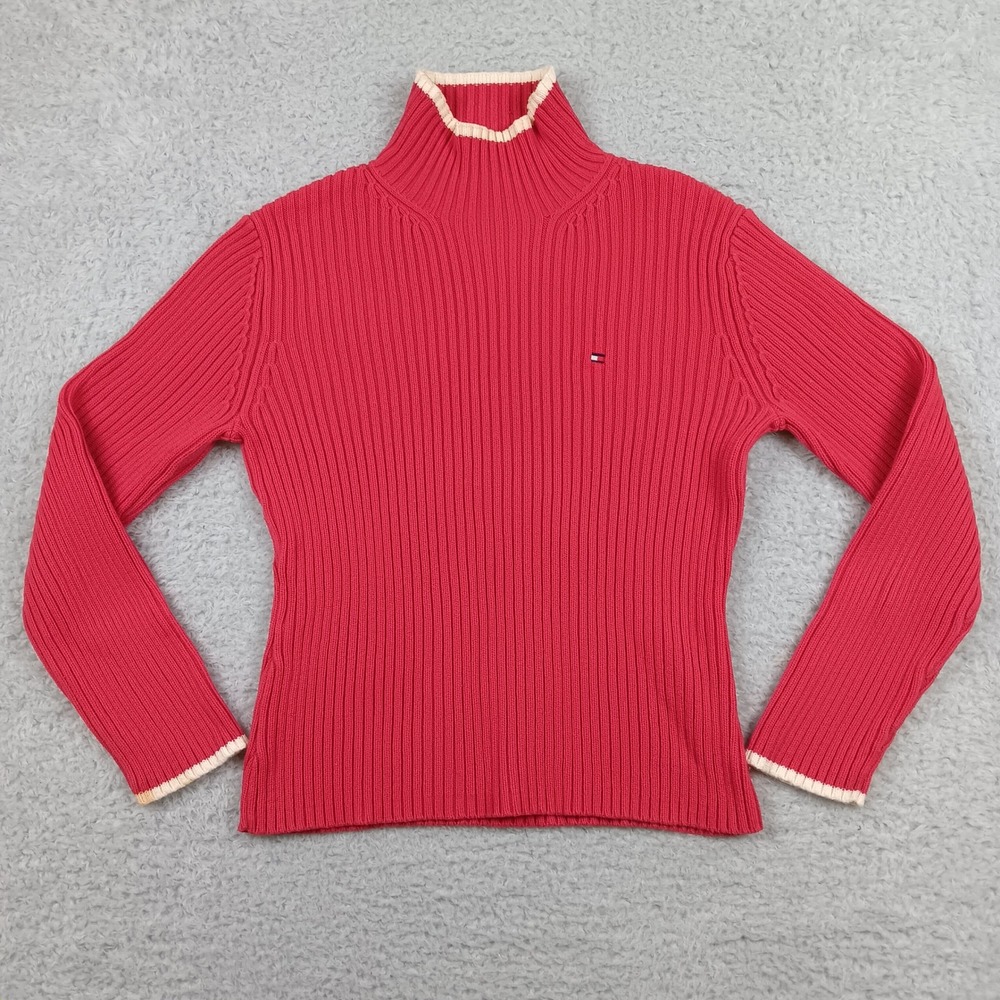 Tommy Hilfiger Sweater Mock Neck Womens M Red Ribbed Cotton Pullover 07646